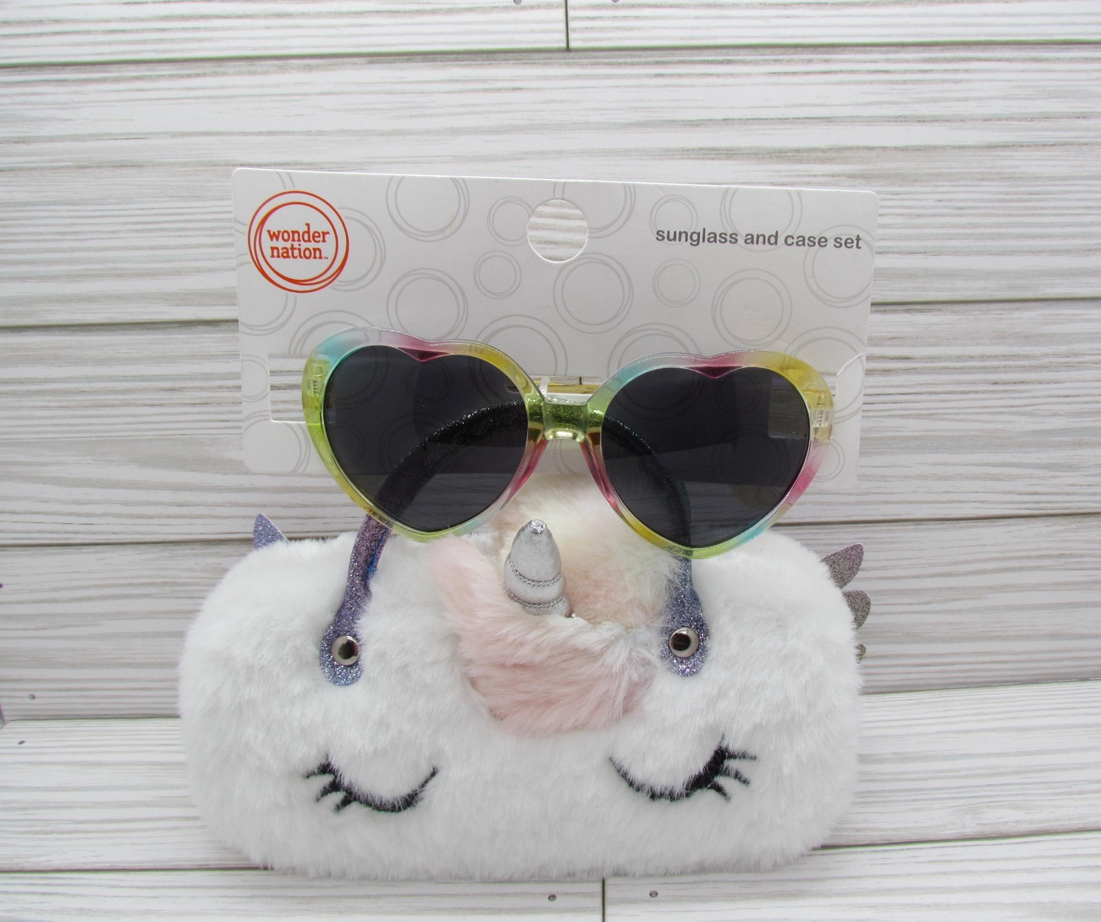 Wonder Nation Kids Unicorn heart shaped sunglasses with case 3+