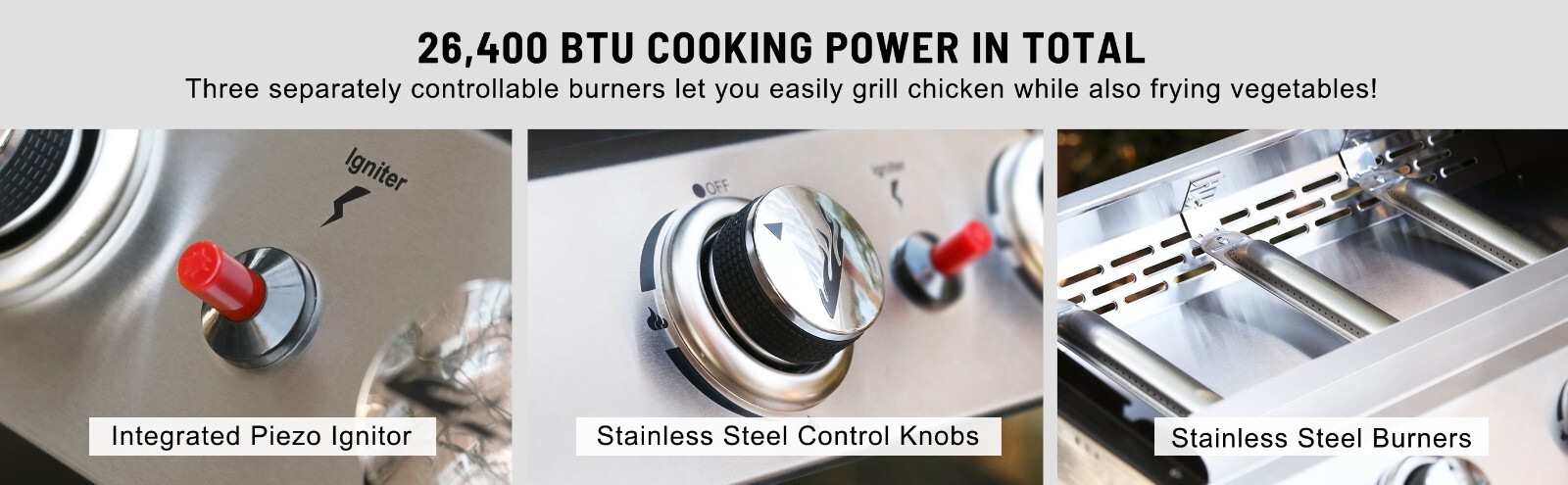 Royal Gourmet 3-Burner Tabletop Griddle Portable Gas Grill for Outdoor Camping