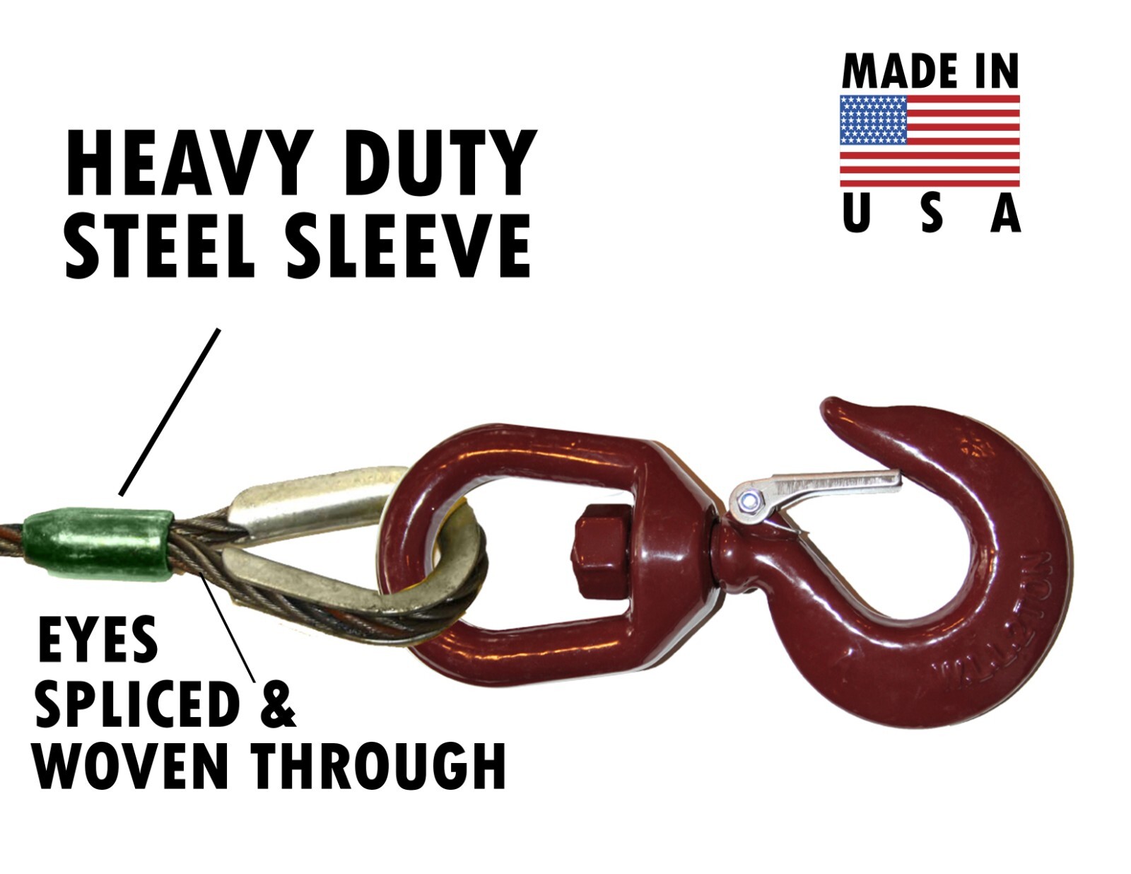 5/8" x 55' Winch Line Tow Cable Wire Rope Swivel Hook Latch Steel Core USA