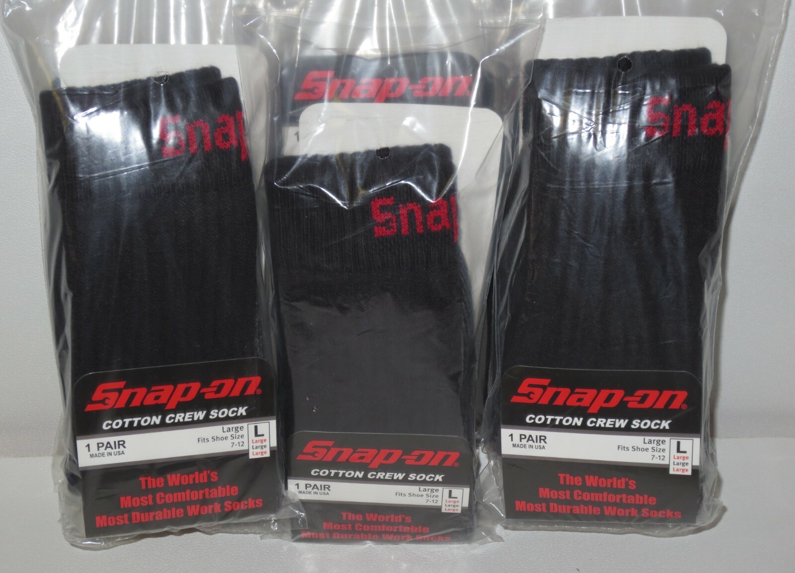 6 PAIRS - Snap-On Crew Socks Men's BLACK - LARGE ~ FREE SHIP ~ MADE IN USA *NEW*