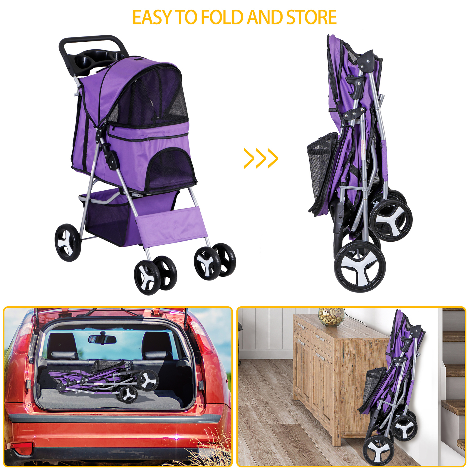 4 Wheel Dog Stroller Pet Stroller Travel Carriage w/Foldable Carrier Cart Purple