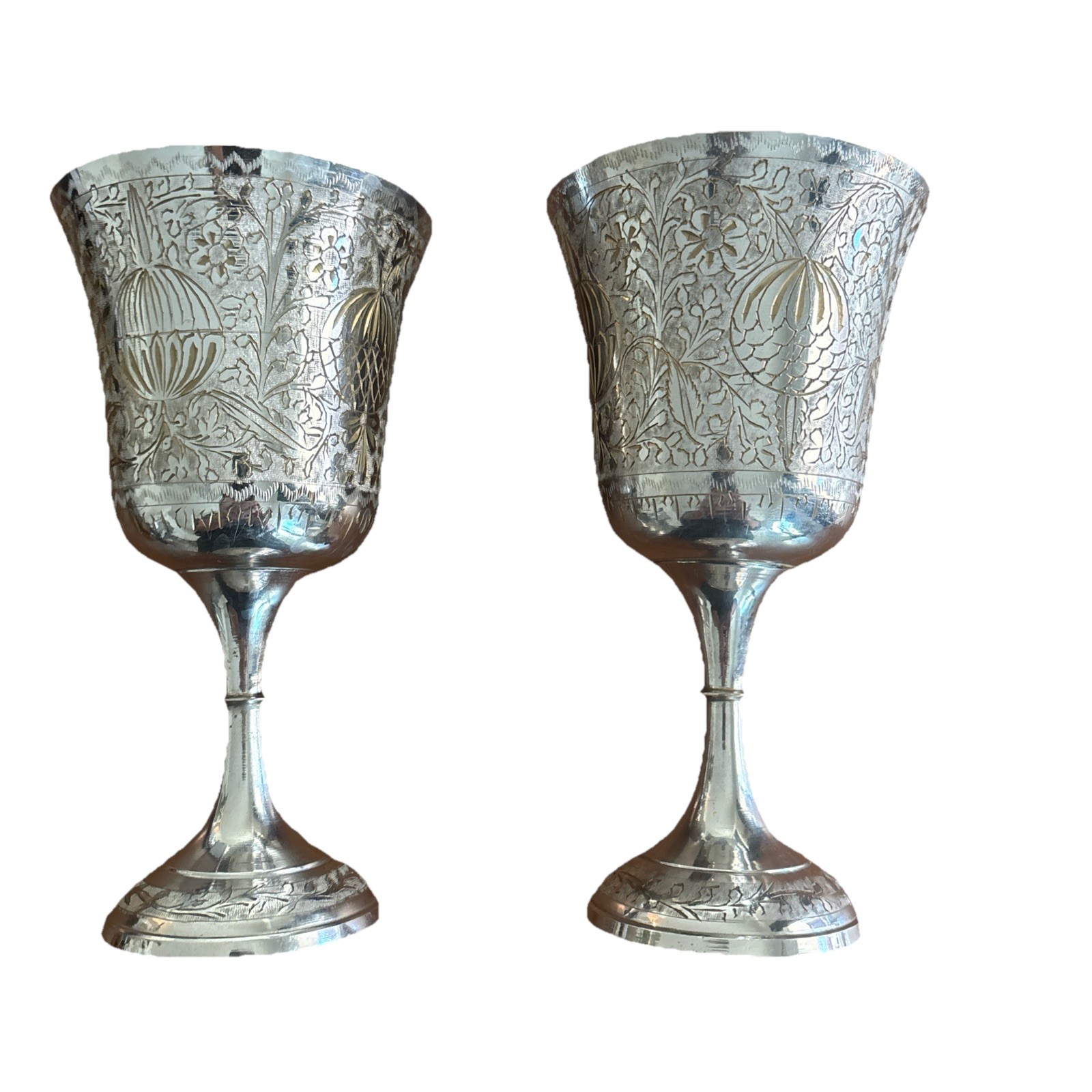 Vtg Chalice Goblet Silver Plate Brass Etched World Gift Z.Y.India 6” SET OF 2
