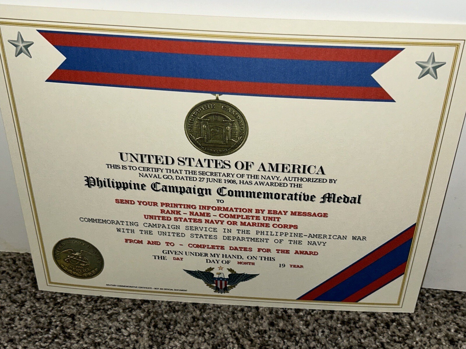 PHILIPPINE CAMPAIGN (NAVY) COMMEMORATIVE MEDAL CERTIFICATE ~ W/PRINTING TYPE-1