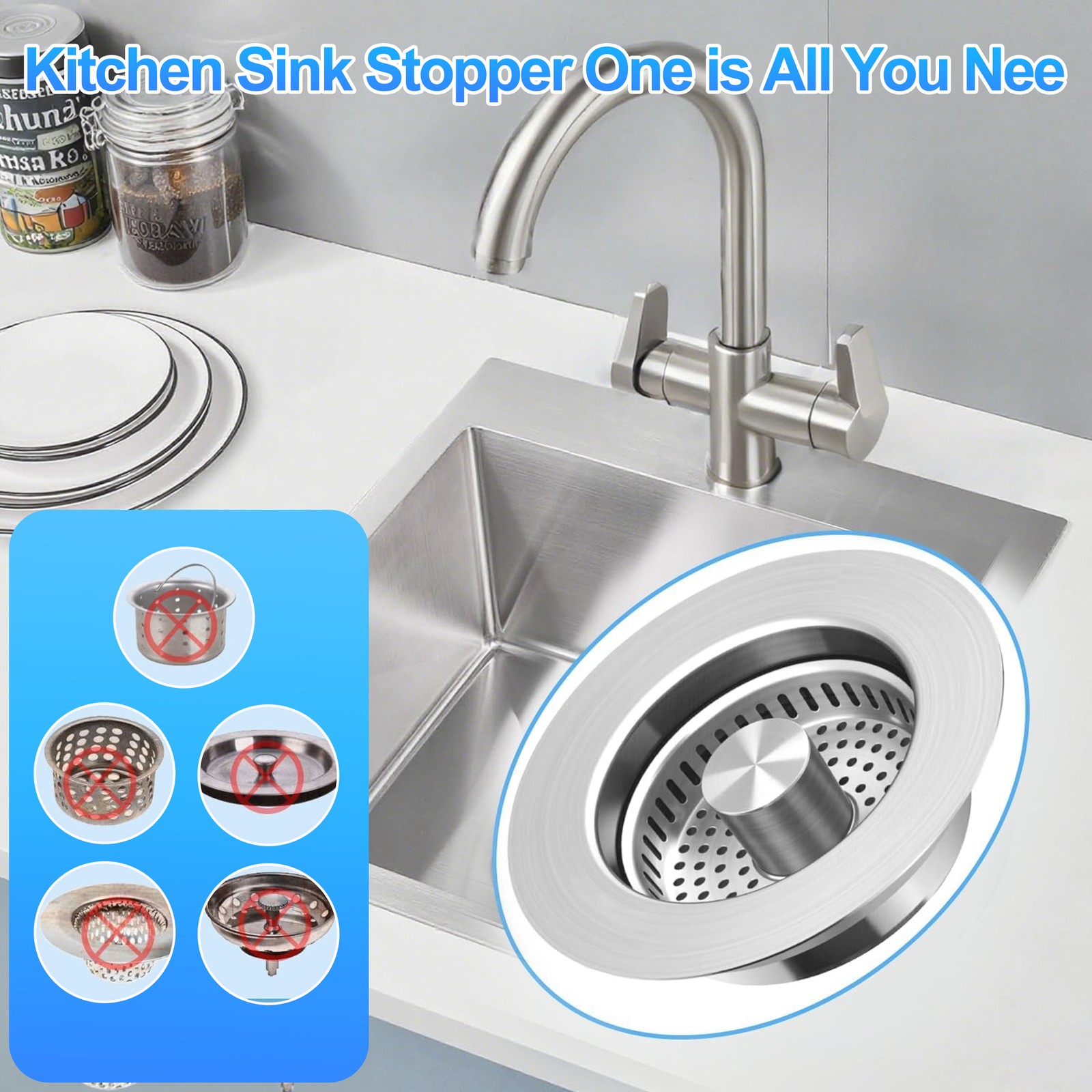 2PCS 5-in-1 Kitchen Sink Drain Strainer Stopper Pop Up Basket Anti-Clog Filter