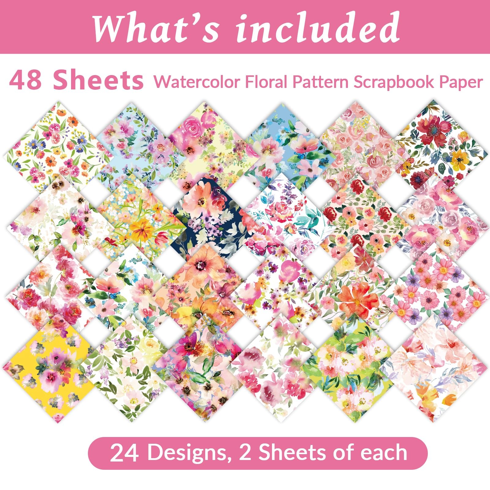48PCS Floral Pattern Paper Double Sided Watercolor Flower Scrapbook Specialty...