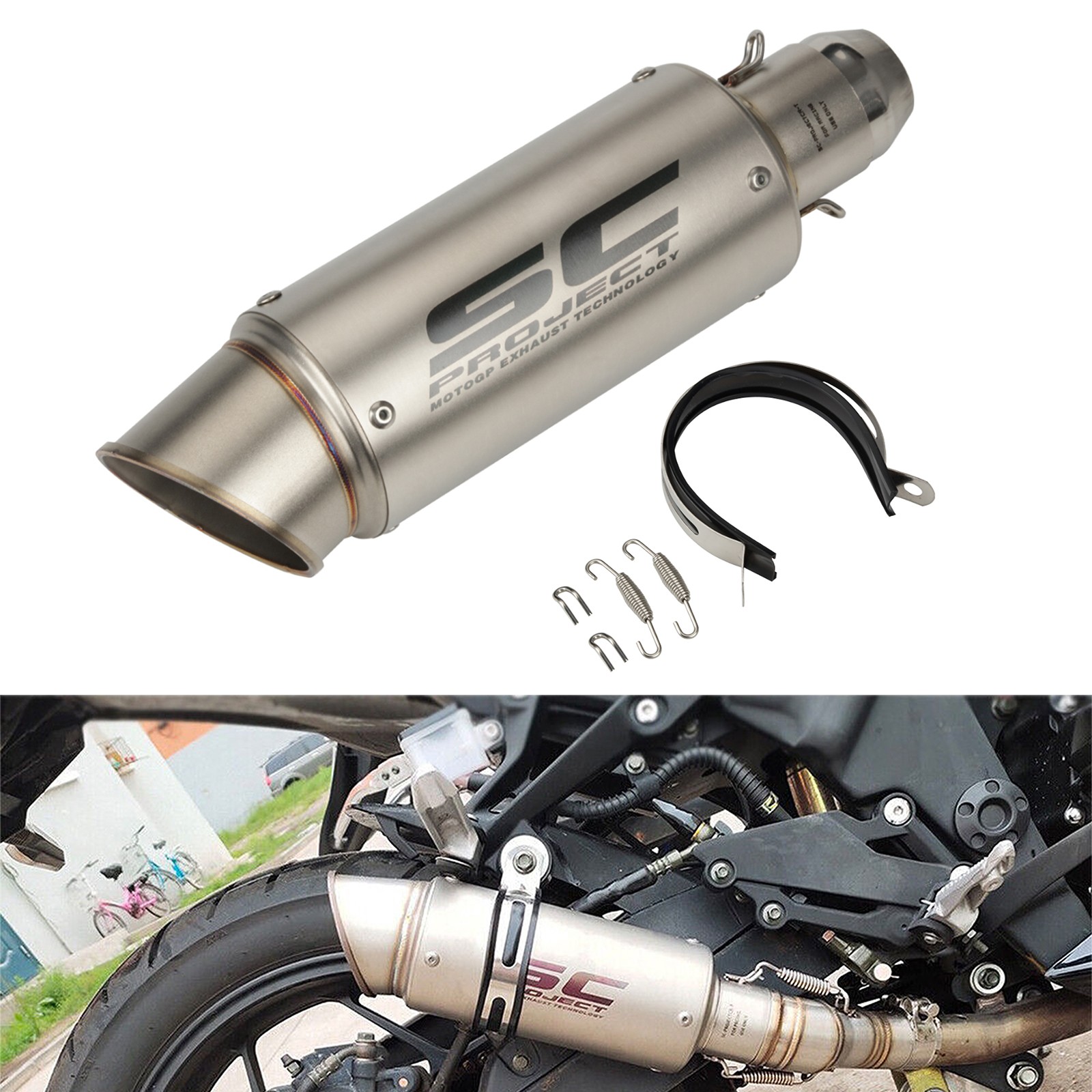 SC 2" 51mm Universal Slip-on Motorcycle Exhaust Muffler Pipe Tail Tips Silver