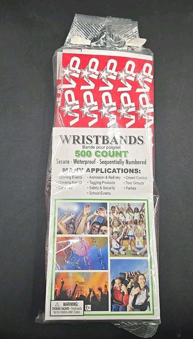 Amscan Red VIP Wristbands 500 Count New Waterproof Numbered Single Use Event
