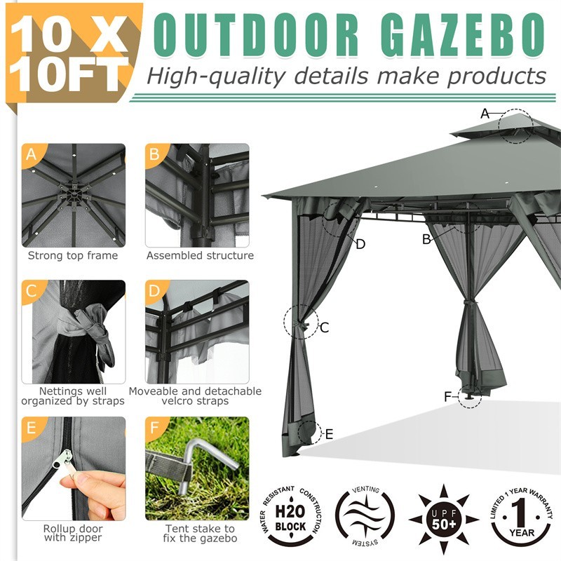 10x10 Patio Gazebo with Mosquito Netting Heavy Duty BBQ Canopy Tent Double Roof