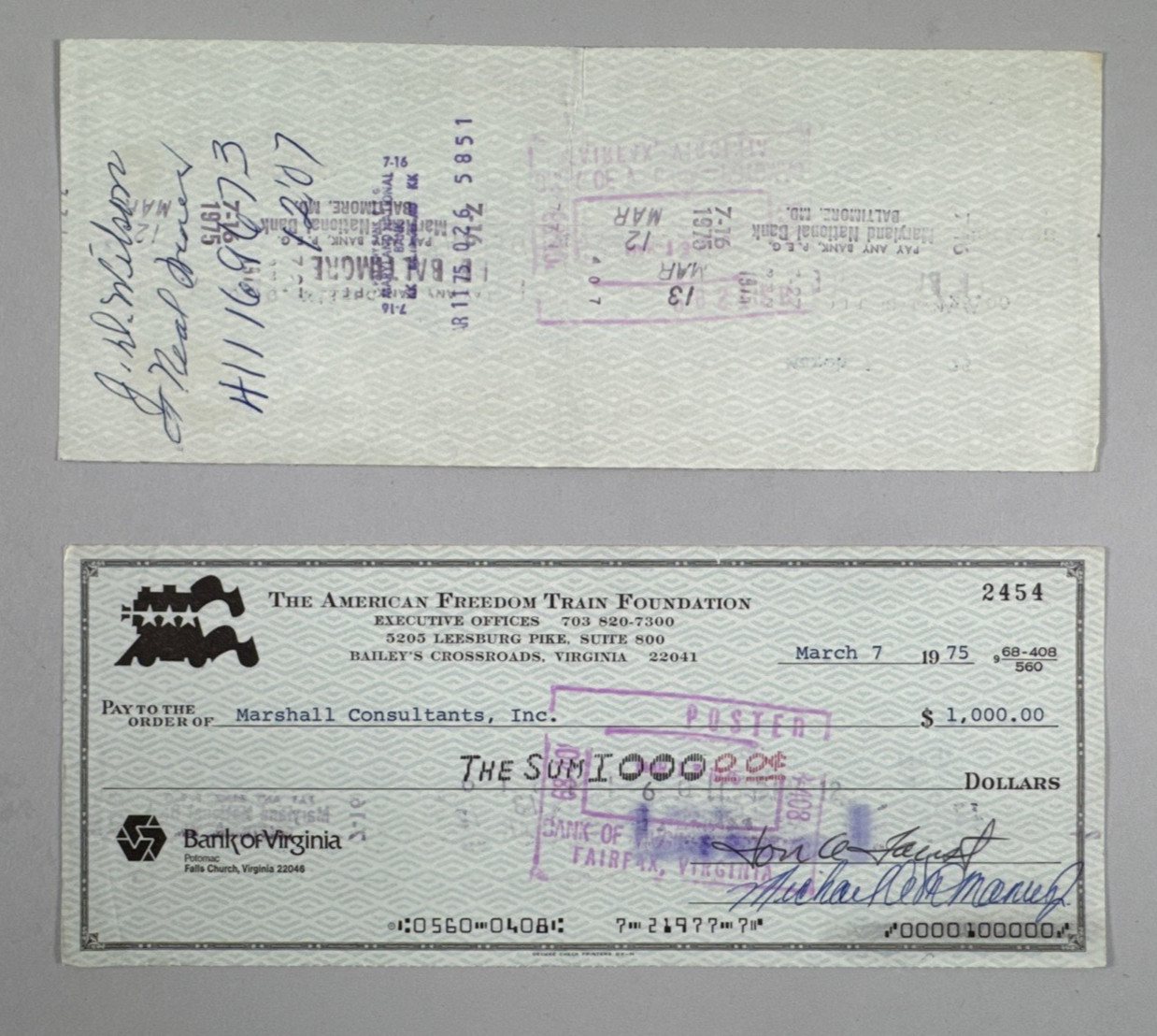 Lot of 650 Bank of Virginia American Freedom Train Foundation Checks 1975
