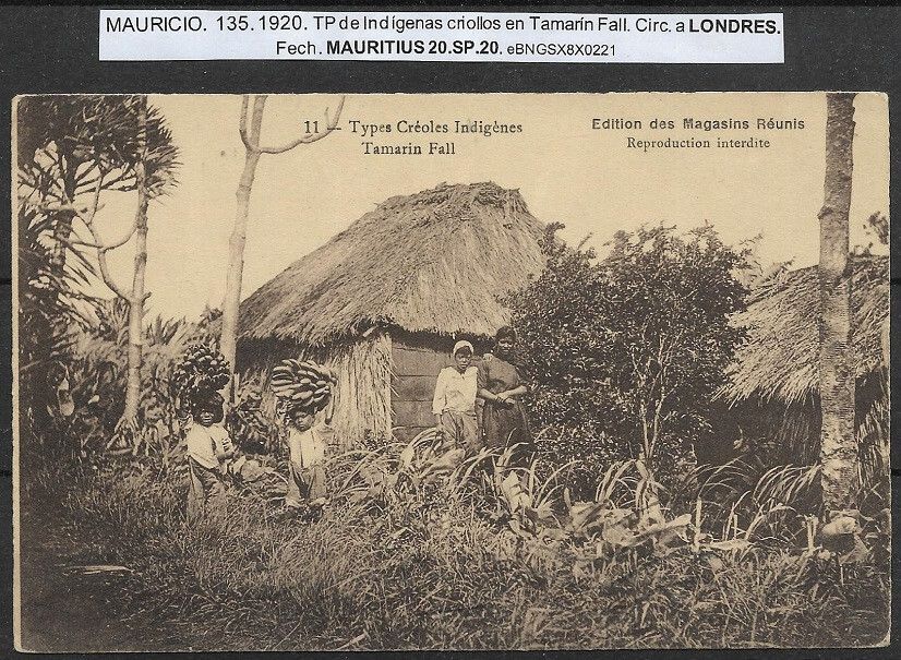 Mauritius: 1920; Postcard natives in Tamarin Falls, to London, VF, EBB137