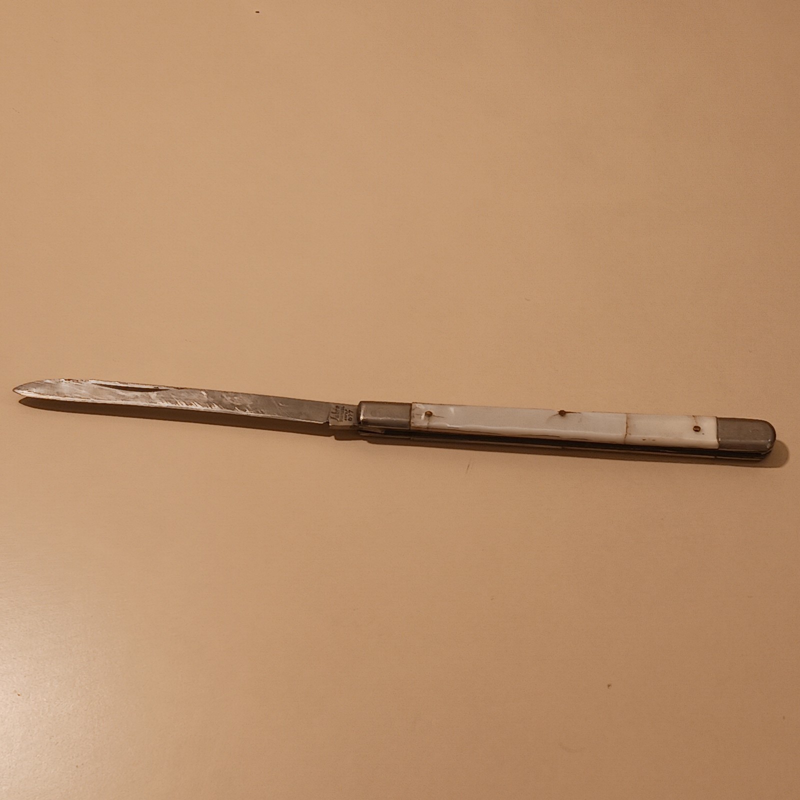 Sabre Stainless Steel Japan 677 Folding Fruit Melon Knife White Celluloid Handle