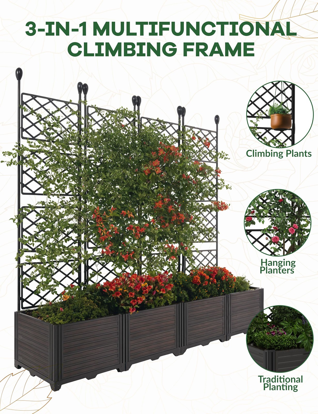 4PCS/Set Planter Box with Trellis Raised Garden Bed for Climbing Plants 63"Tall