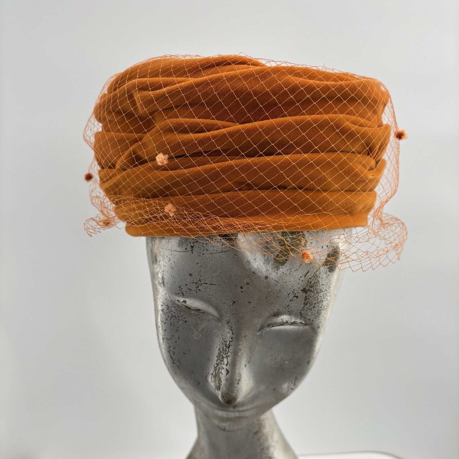 Vtg 60s Lucile Mendez Orange Velvet Hat Veil Pillbox Cocktail Mod Turban