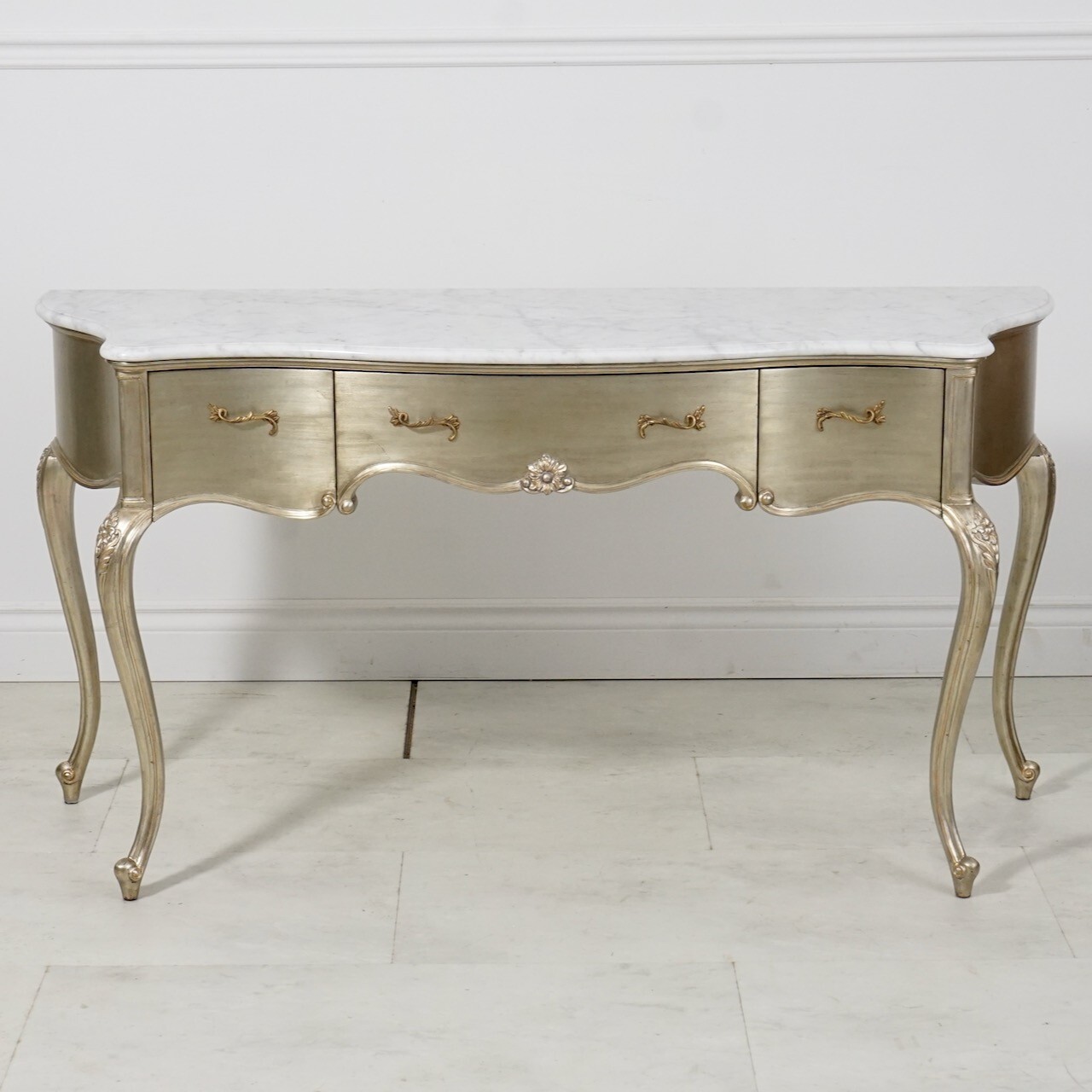 French Louis Vanity Make up Console Mahogany Silver Leaf White Marble