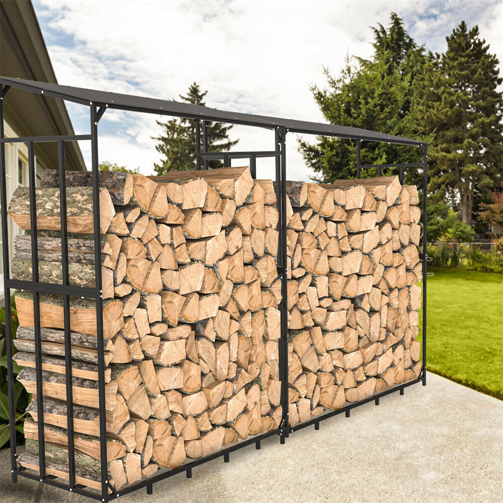In/Outdoor Firewood Rack with Cover Firewood Storage Log Holder Heavy Duty Steel