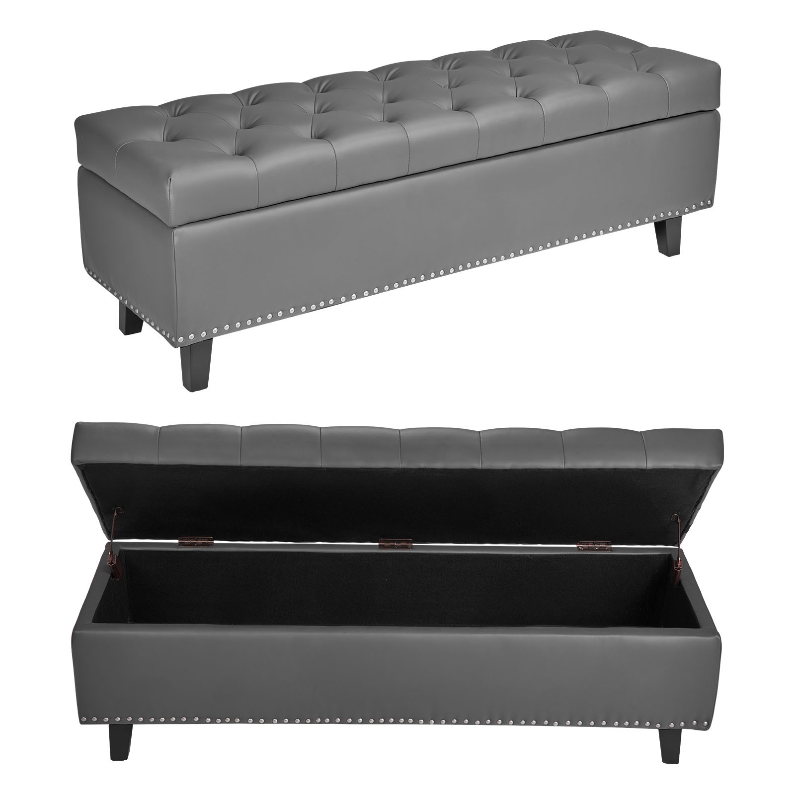 Uimoso Button-Tufted Storage Ottoman Bench PU Leather Bench with Wood Legs Gray