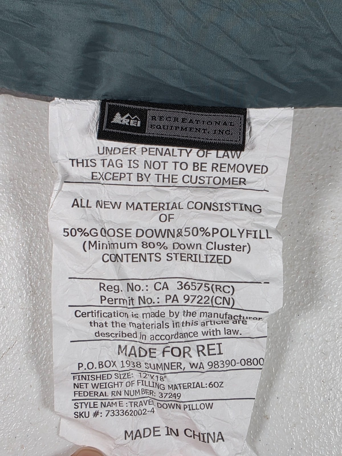 REI Travel Goose Down Pillow Camping Backpacking Compressible Gray 12x18