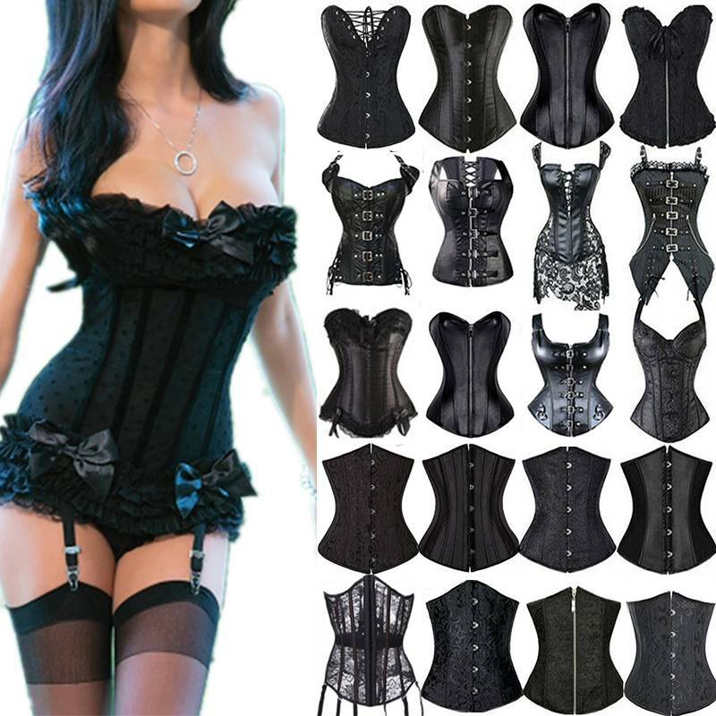 Women Gothic Steampunk Black Overbust Lace Up Corset Top Waist Training Bustier