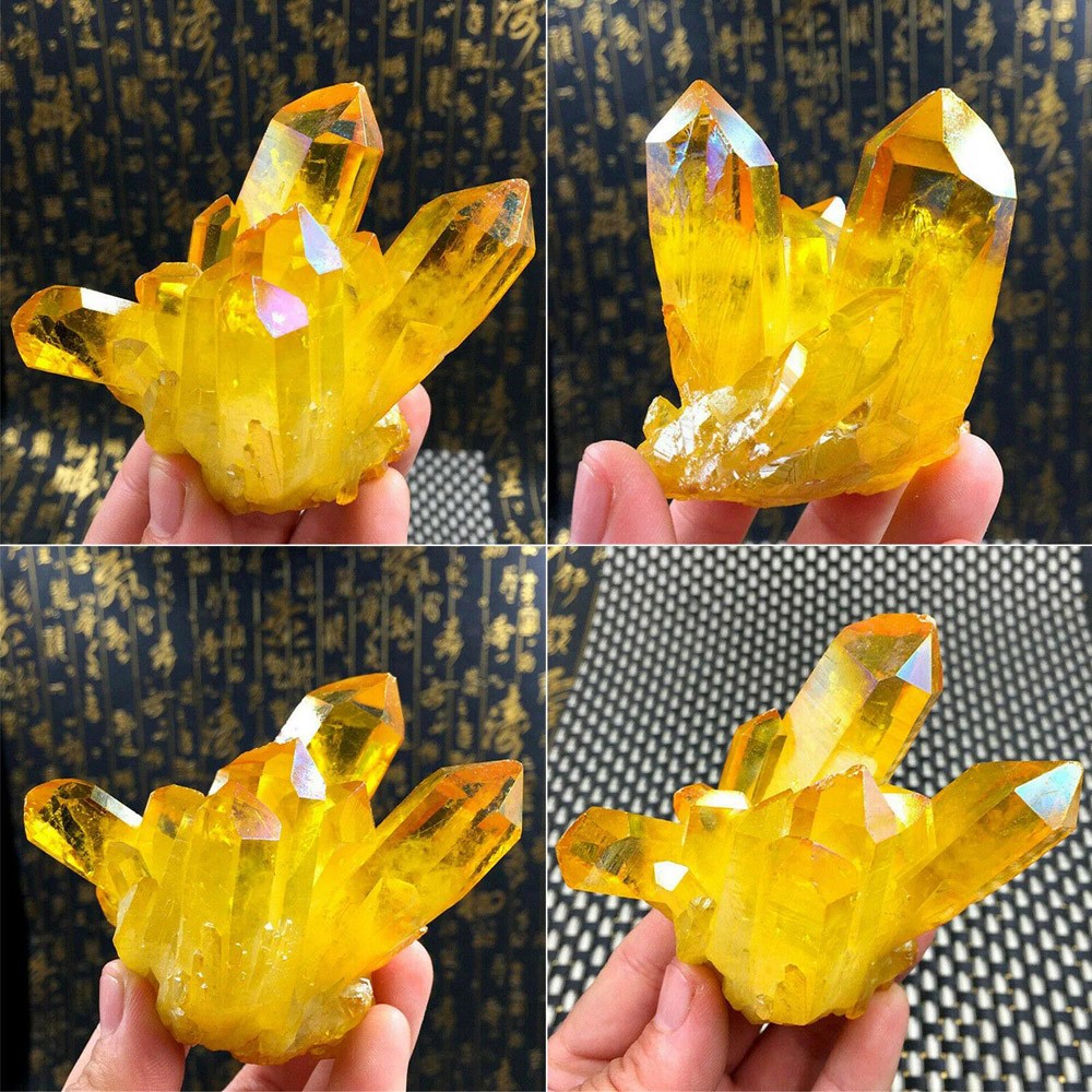 Healing Mineral Specimen Natural Aura Yellow Citrine Crystal Titanium Cluster US