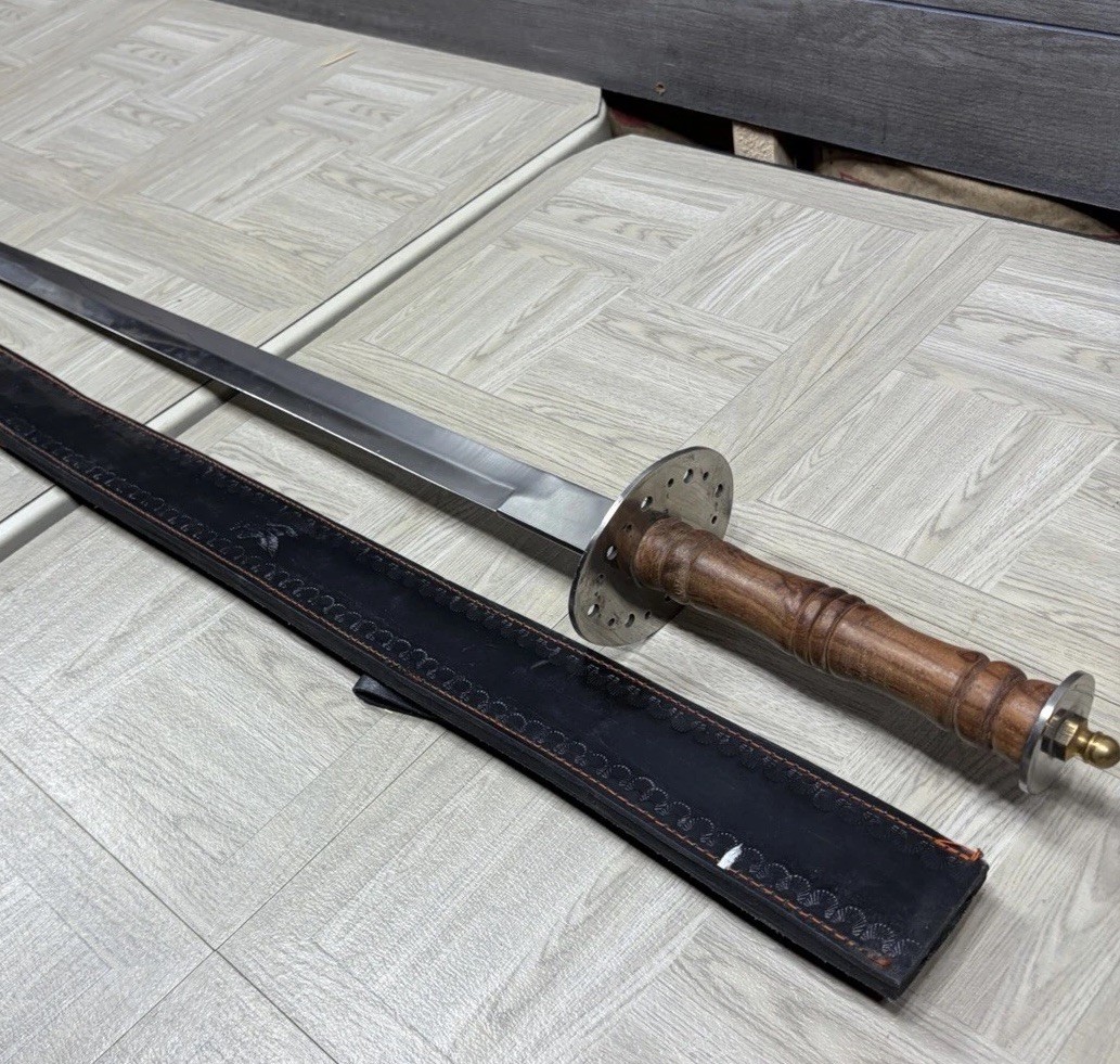Pakistan Reproduction Battle Sword W Leather Sheath Wood Handle Metal Blade Vtg