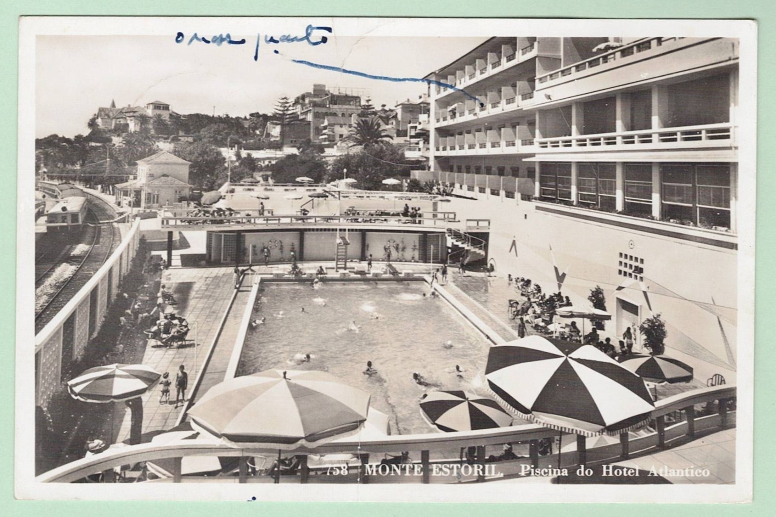 PORTUGAL RPPC  HOTEL ATLANTICO Pool ESTORIL 1$ Cesario Verde Poet May 1958 Use