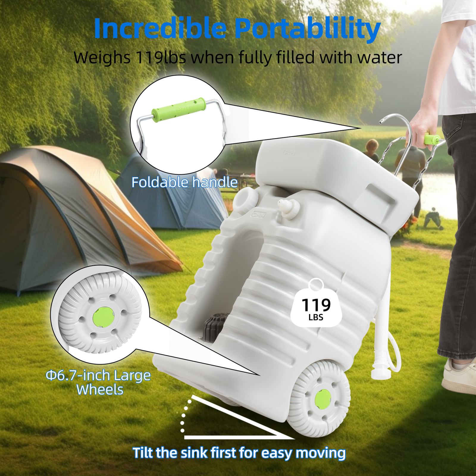 Outdoor Portable Camping Sink w/Soap Dispenser 45L Rolling Hand Wash Basin Stand