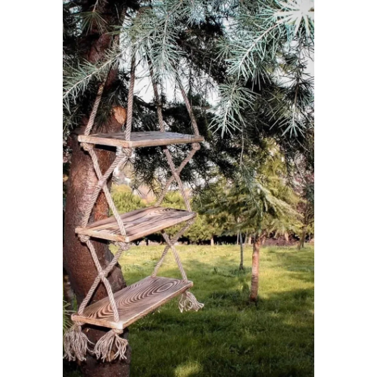 Hanging 3 Tier Rope Wall Window Planter Floating Shelves, Wood Bathroom Shelves