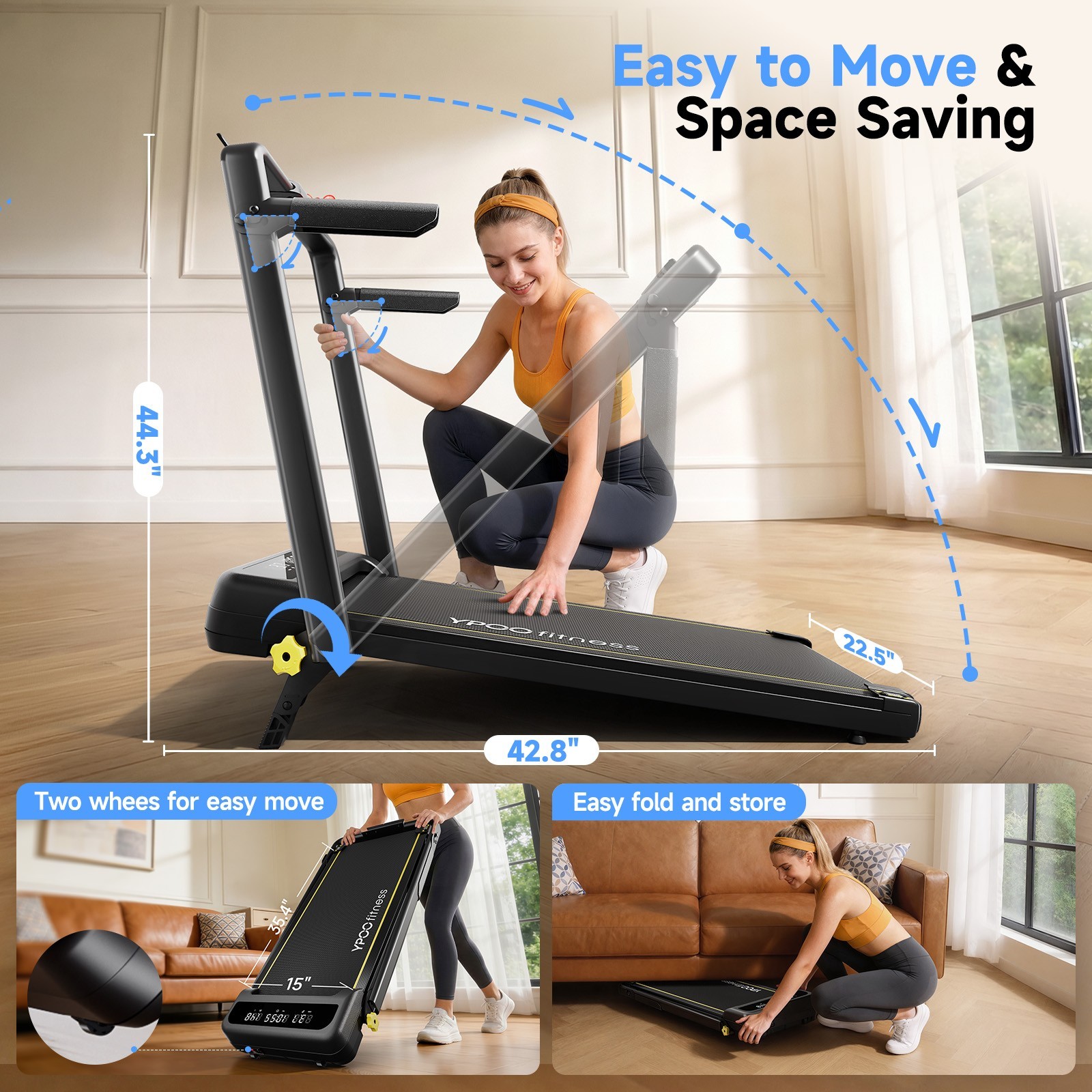 Treadmill with Safety Side Handrails & 3 Incline Levels, 300Lbs Weight Capacity