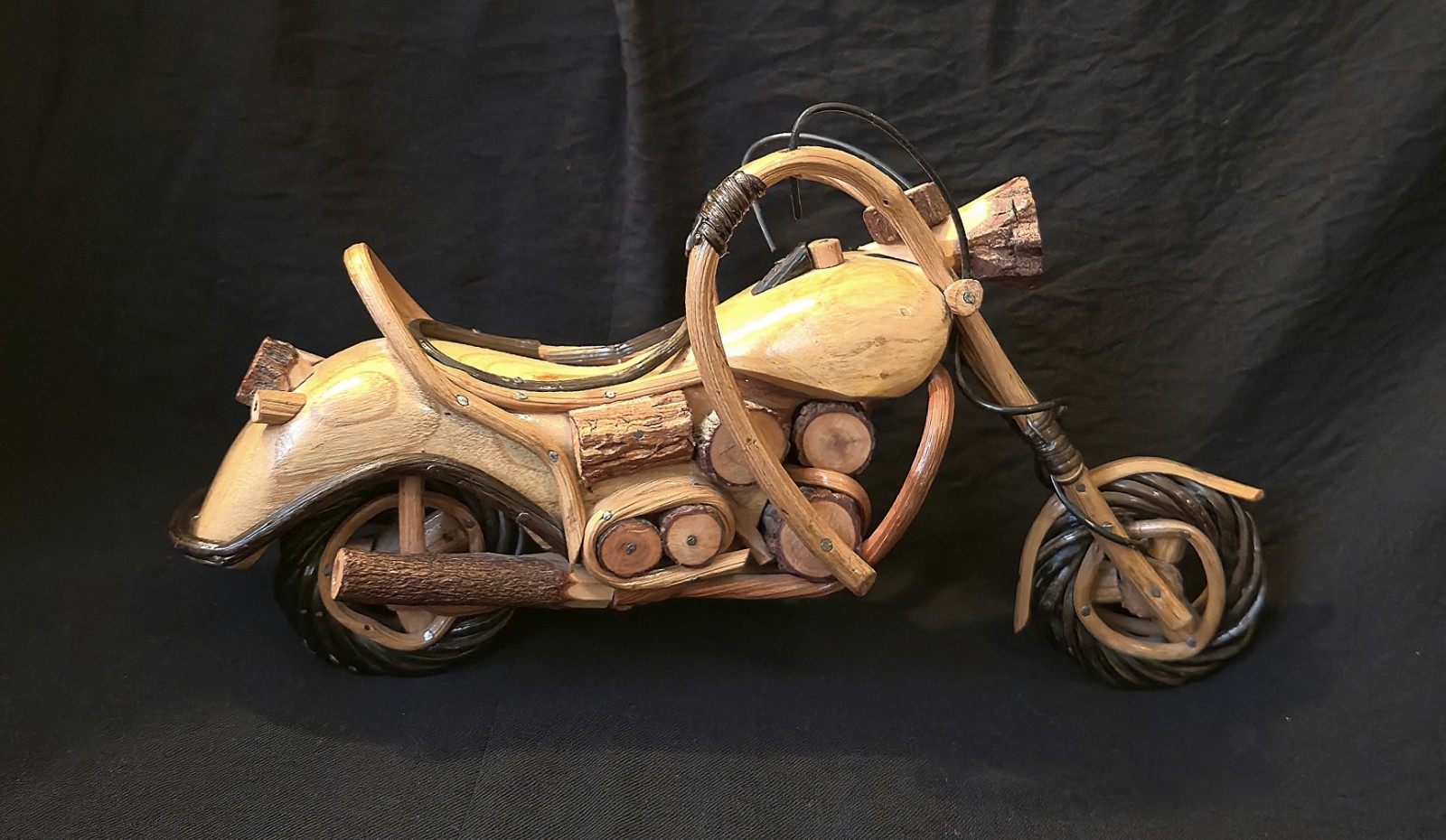 Handmade Twig Folk Art Chopper Motorcycle Sculpture Wood Rustic 12" Harley Style