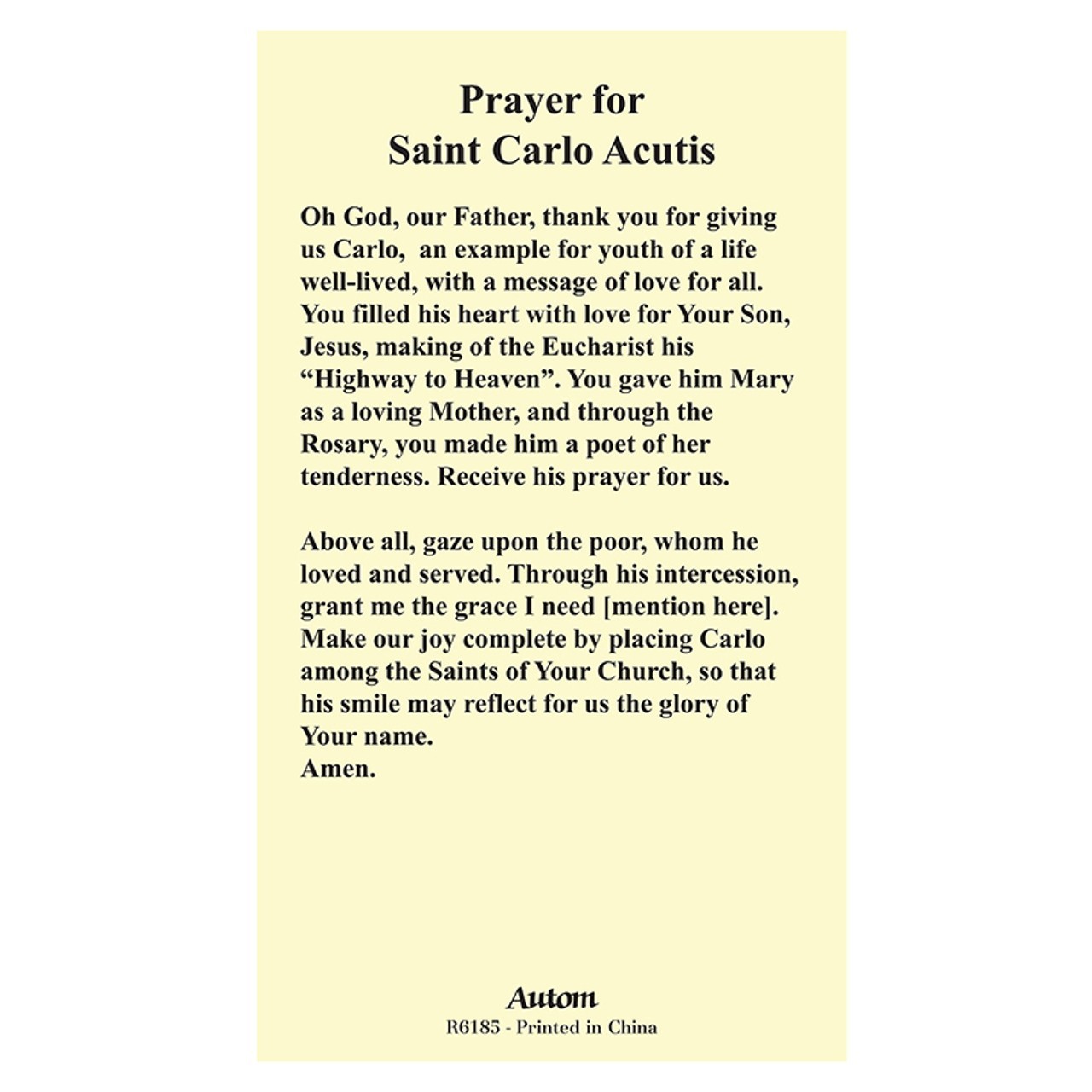 Prayer for Saint Carlo Acutis - Laminated Holy Card 2 3/8 x 4 1/8