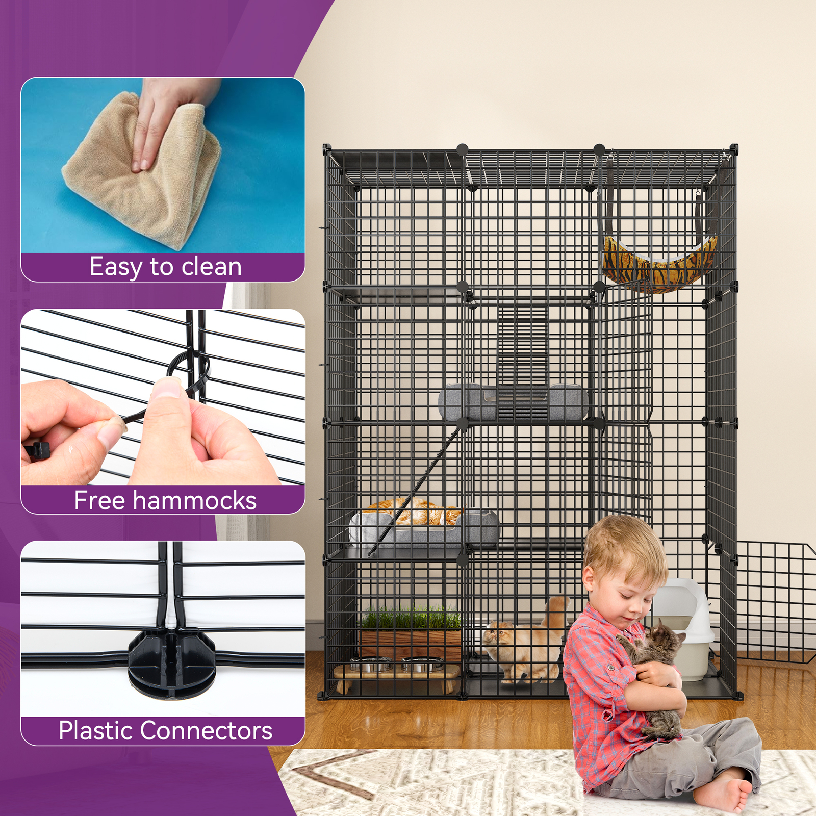 4-Tier Large Cat Cage Enclosure Metal Wire Kennel Playpen Catio with Hammock