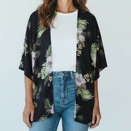 Hawaii Hangover Kimono Women 3XL Black Floral Pineapple Vacation Summer