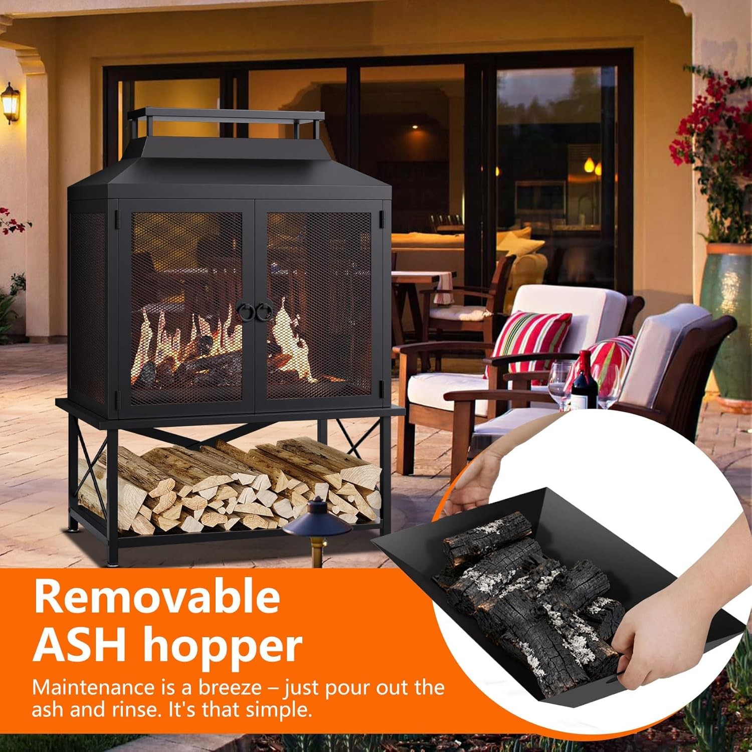 2-in-1 Metal Chiminea Fireplace with Grill with Wood Storage & Chimney for Yards