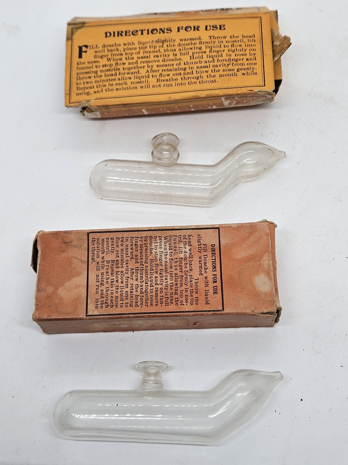 Pair of Antique Victorian Glass Nasal Douche Medical Devices with Original Boxes