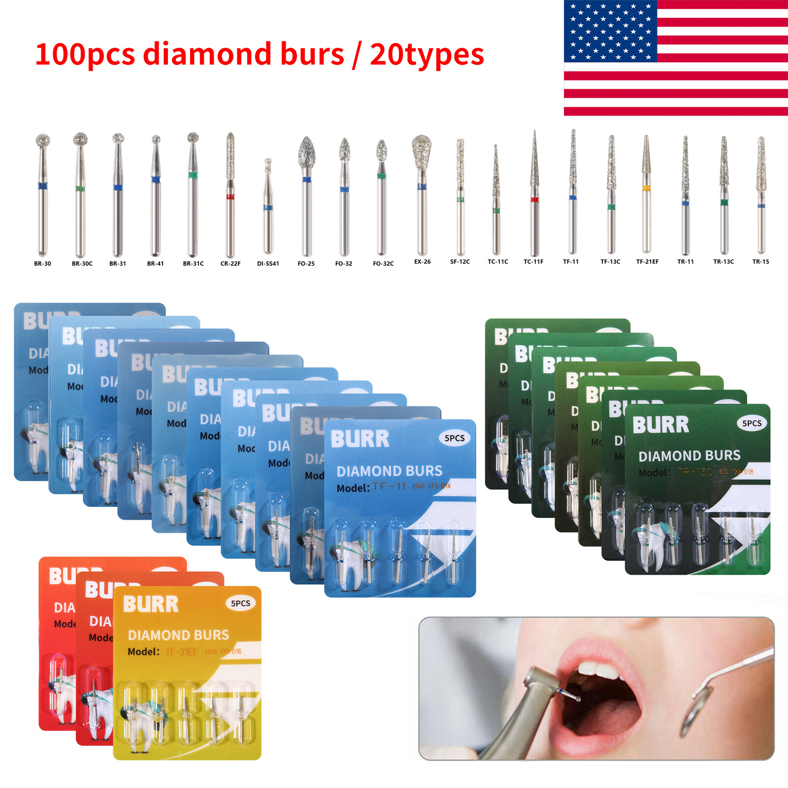 100 fresas diamante para turbina Diamond Burs dental High speed handpiece 1.6mm