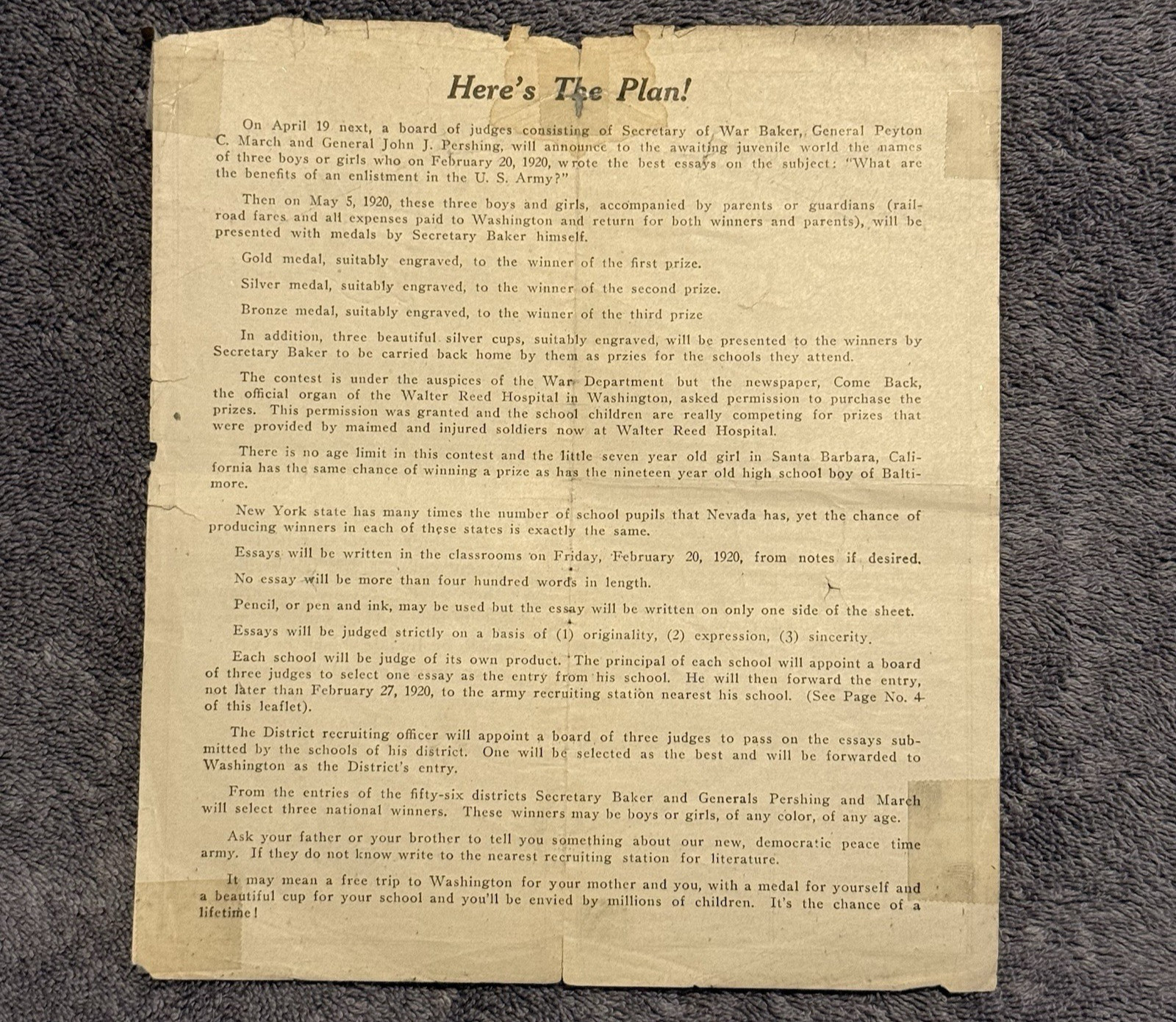 1920 U.S. Army School Contest Brochure — WWI Era Recruiting Ephemera, Rare!