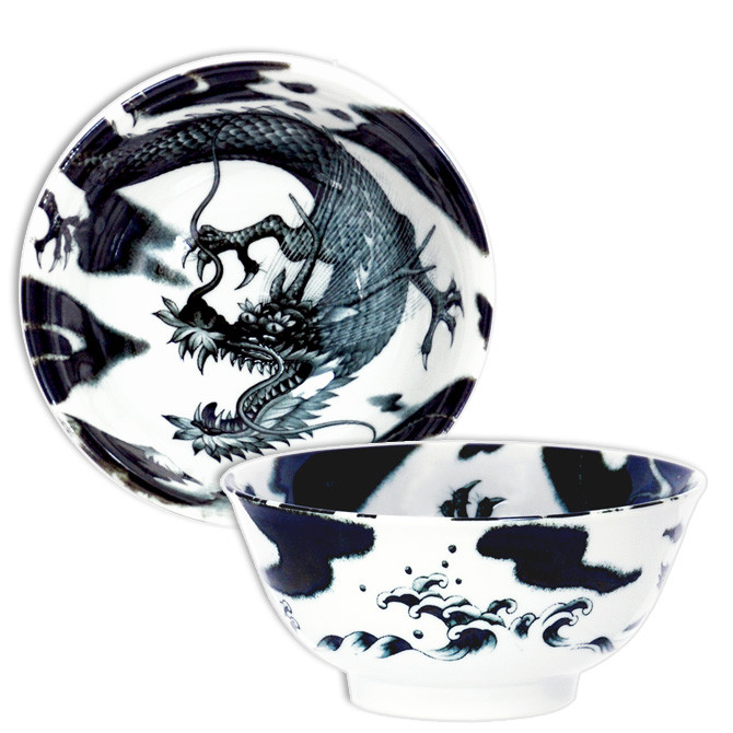 Japanese Rice Soup Noodle Bowl 6"D Porcelain Fortune Ryu Black Dragon JAPAN MADE