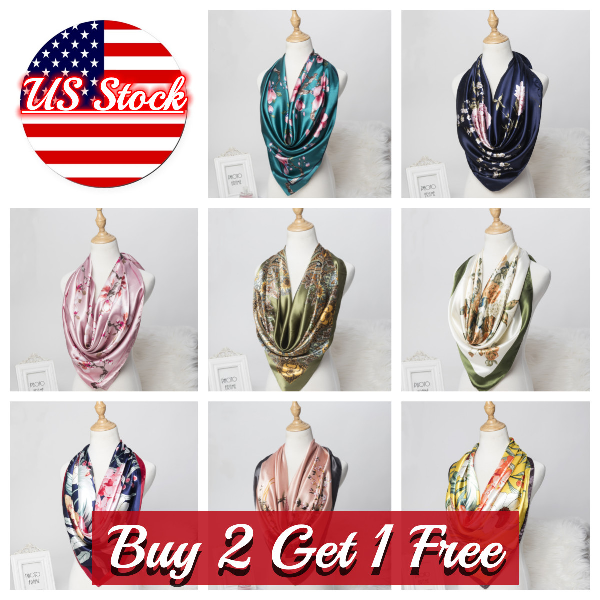 Large Square Satin Scarf Silk Feel Head Neck Wrap Scarves Shawl Floral Scarf 35"