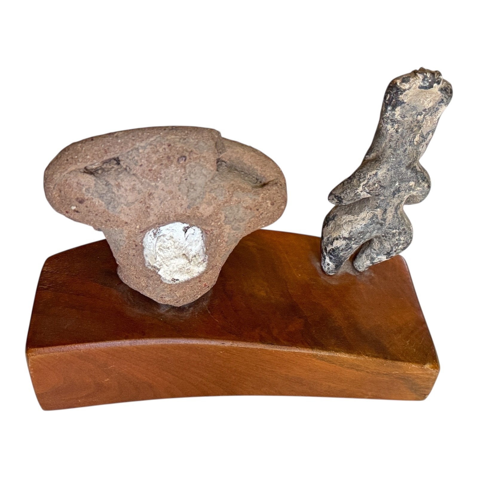 Antique Pre-Columbian Pottery Figural Group Standing Figure & Head on Base