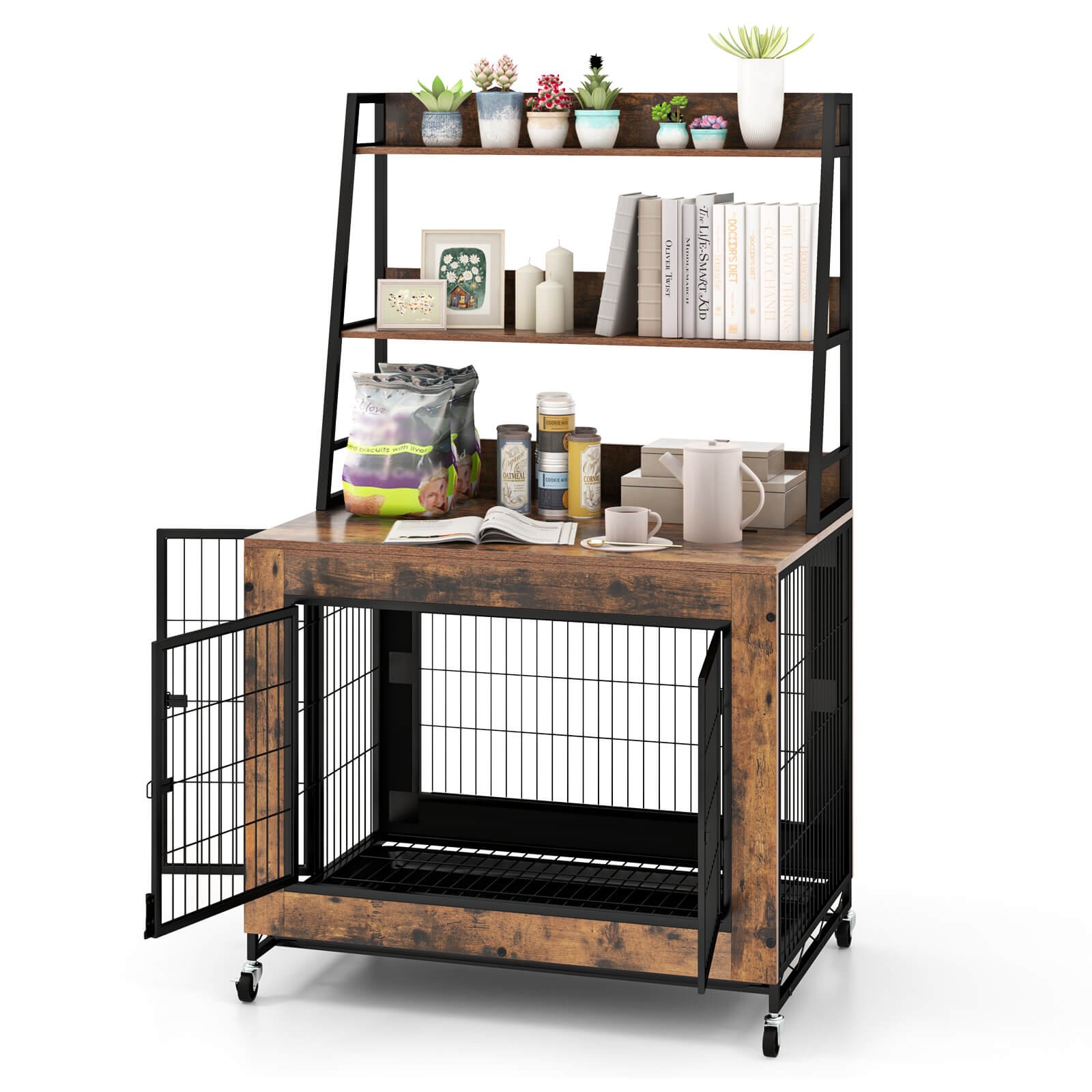 Dog Crate Furniture with Storage Shelves Industrial Dog Kennel w/ Flip-up Top