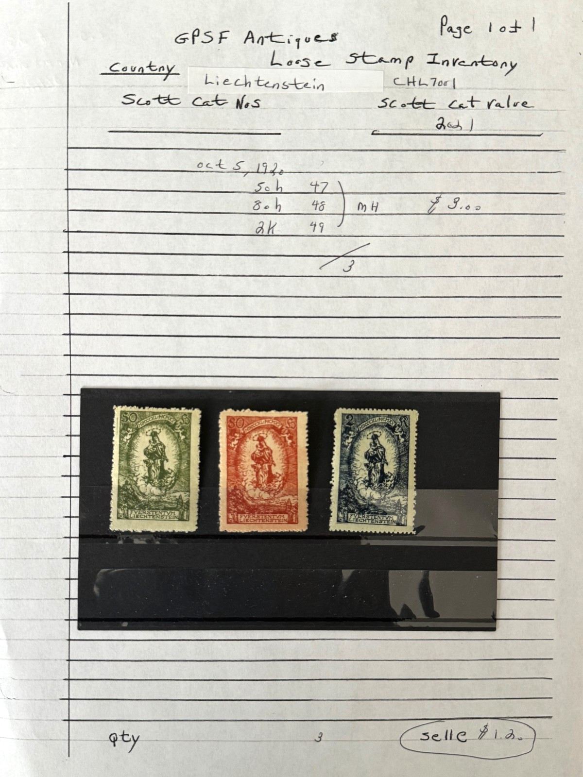 L.iechtenstein group of 3 stamps loose Scott Cat 47/49 1920 minth