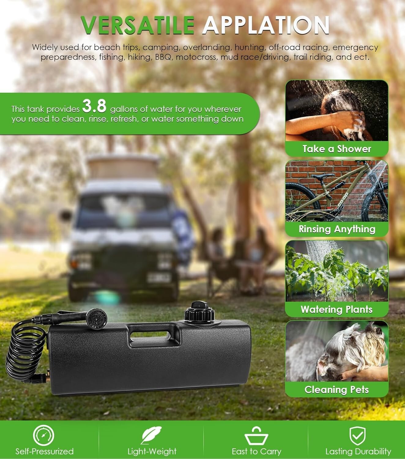 4.0 Gallon Self-Pressurized Water Tank for Camping Showers, Multiple Mounting