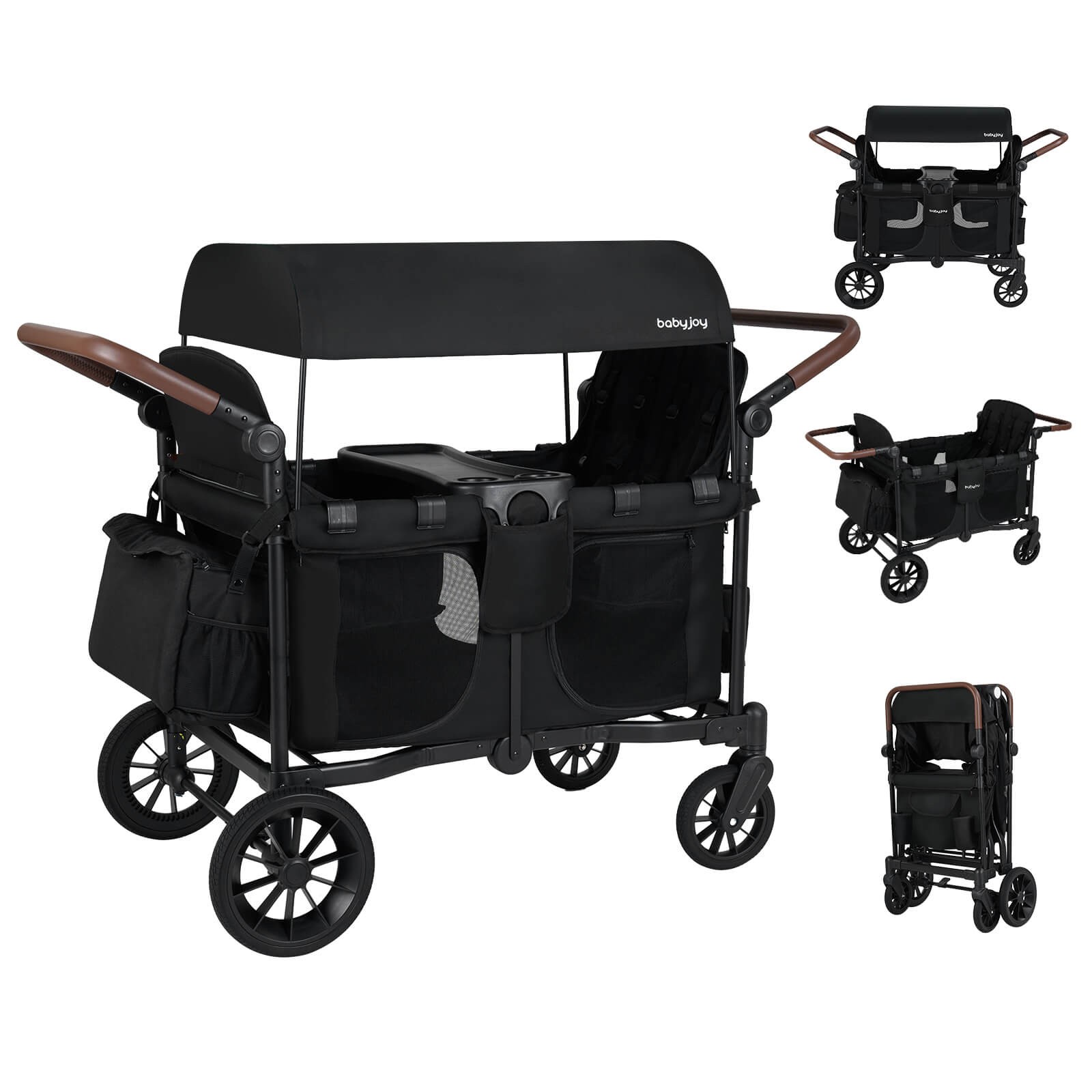 Wagon Stroller, Foldable 4-Seater Push-Pull Toddler Stroller w/Removable Canopy