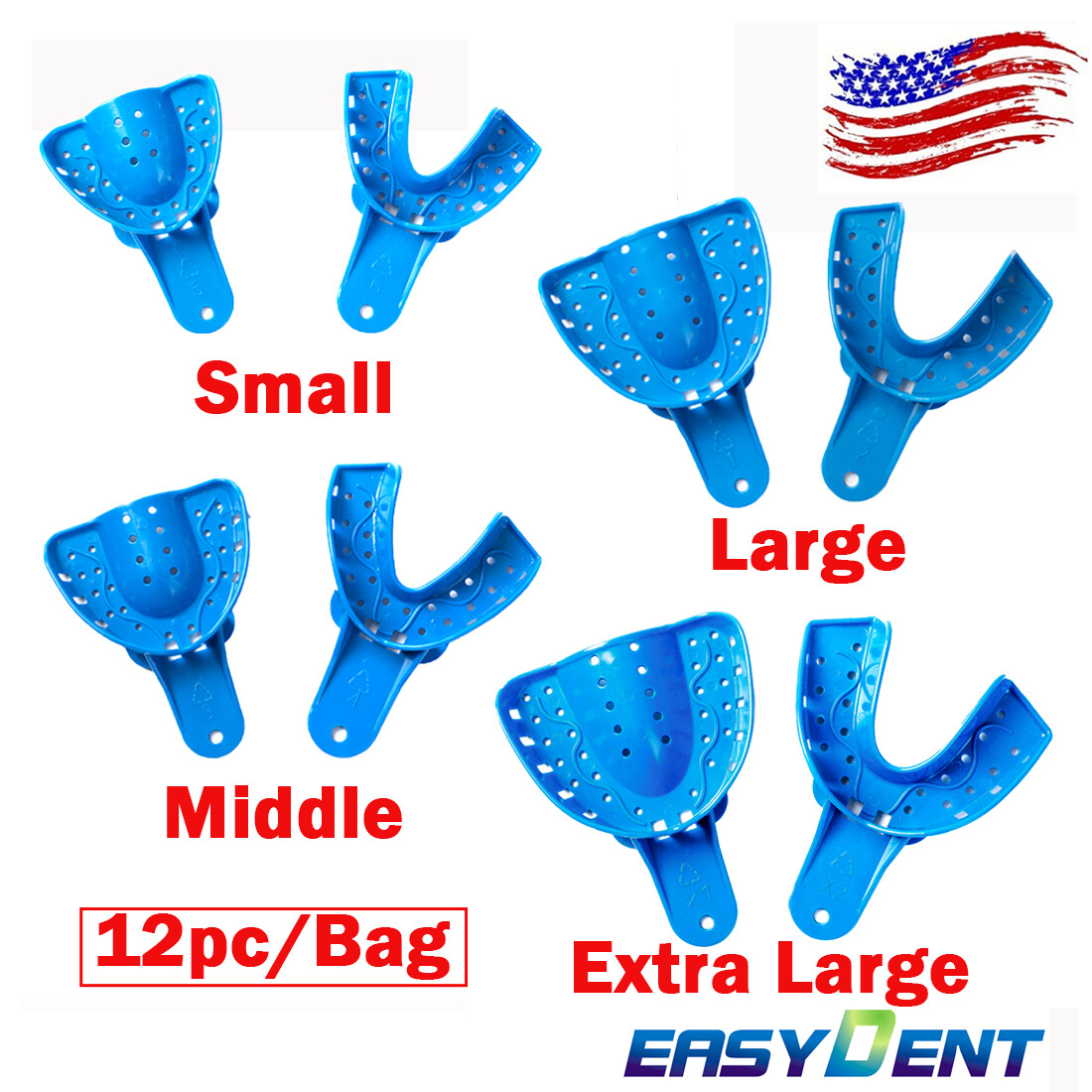 12 pcs Dental Impression Trays Perforated Plastic Autoclavable Upper/Lower L/M/S