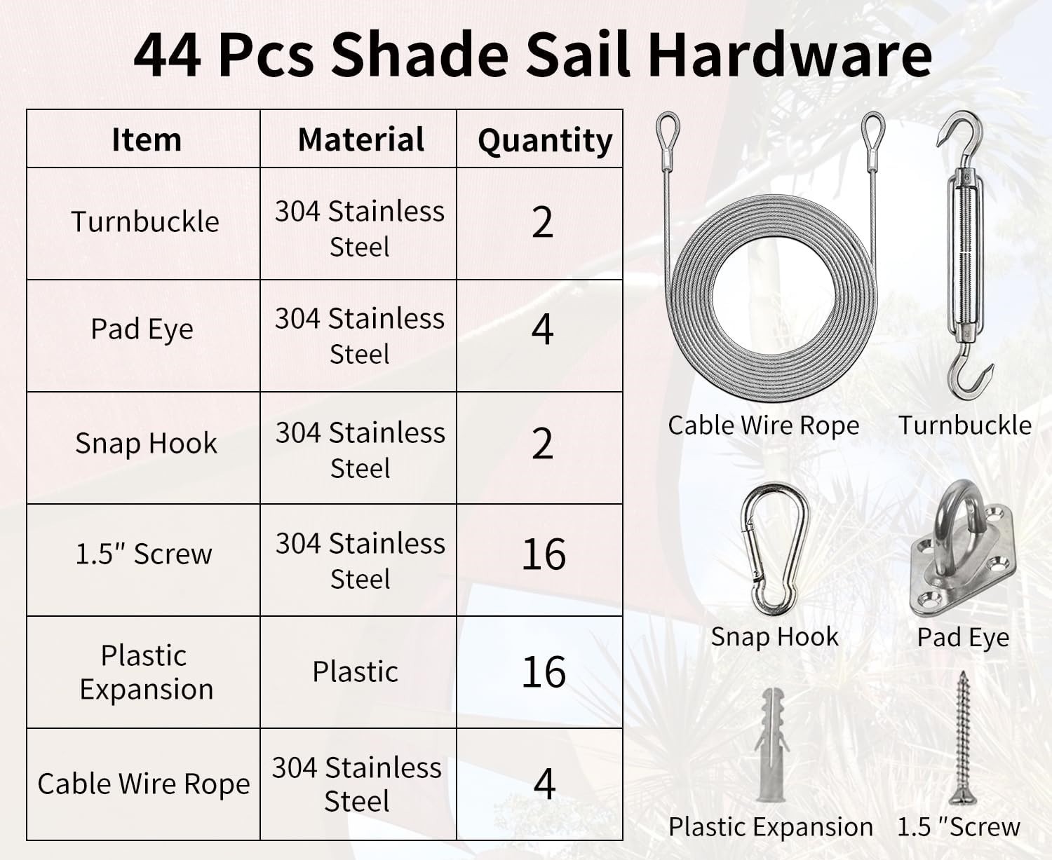 Kit de herrajes para velas de sombra con cable de acero 40 herrajes con 4 cables