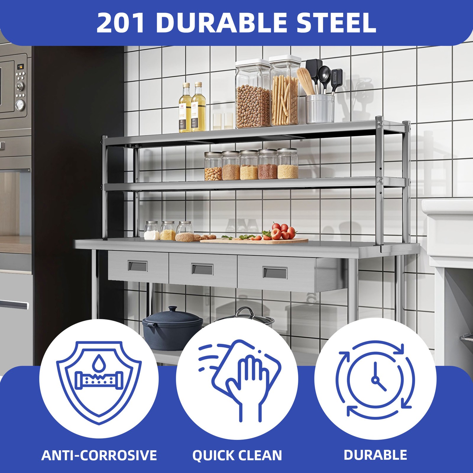 72" X 24" Worktable Stainless Steel Table with Overshelves with 72" X 12" Shelf