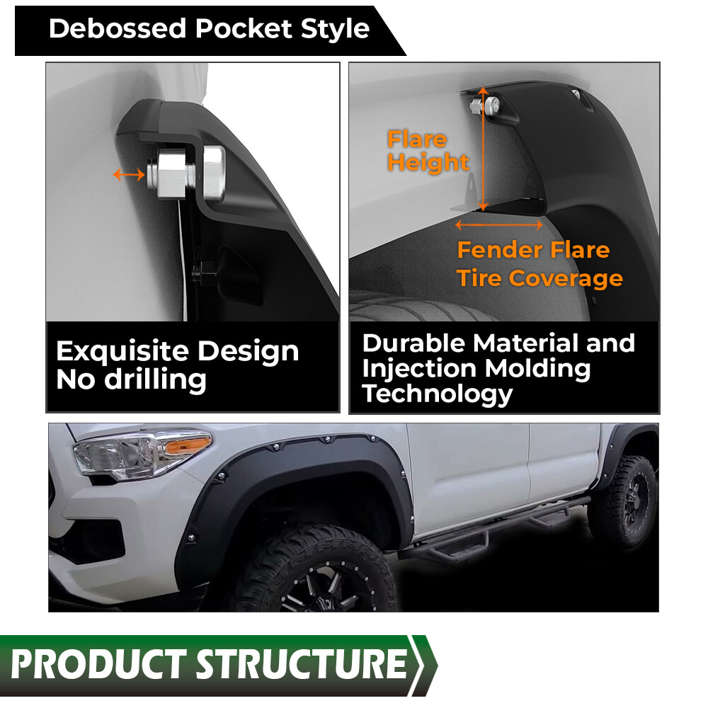 4pcs Fit For 16-22 Toyota Tacoma Pocket Rivet Style Fender Flares Smooth Black