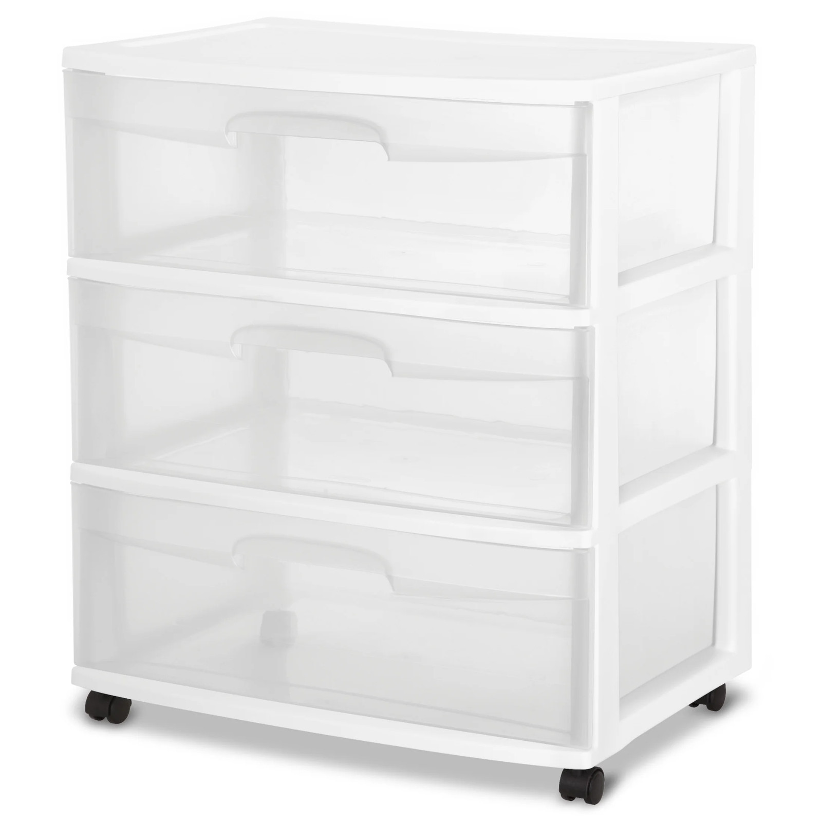 3 Drawer Wide Cart Clear Plastic Storage Drawers with Wheels White