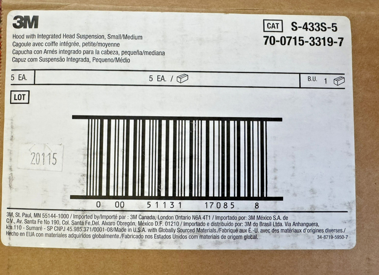 3M Versaflo Hood with Integrated Head Suspension, S-433S-5, Small/Medium/5 Hoods