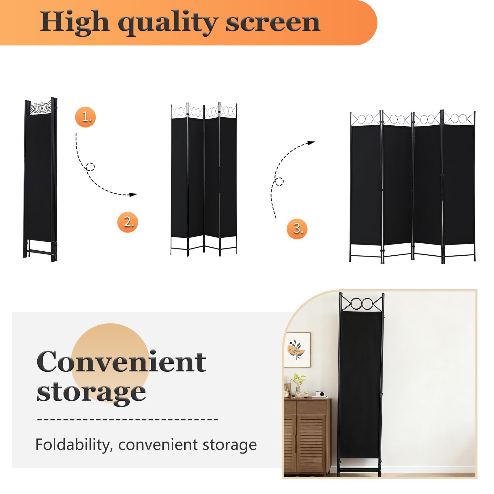 4 Panel Room Divider 6FT Steel Frame Screen Folding Privacy Divider Freestand...